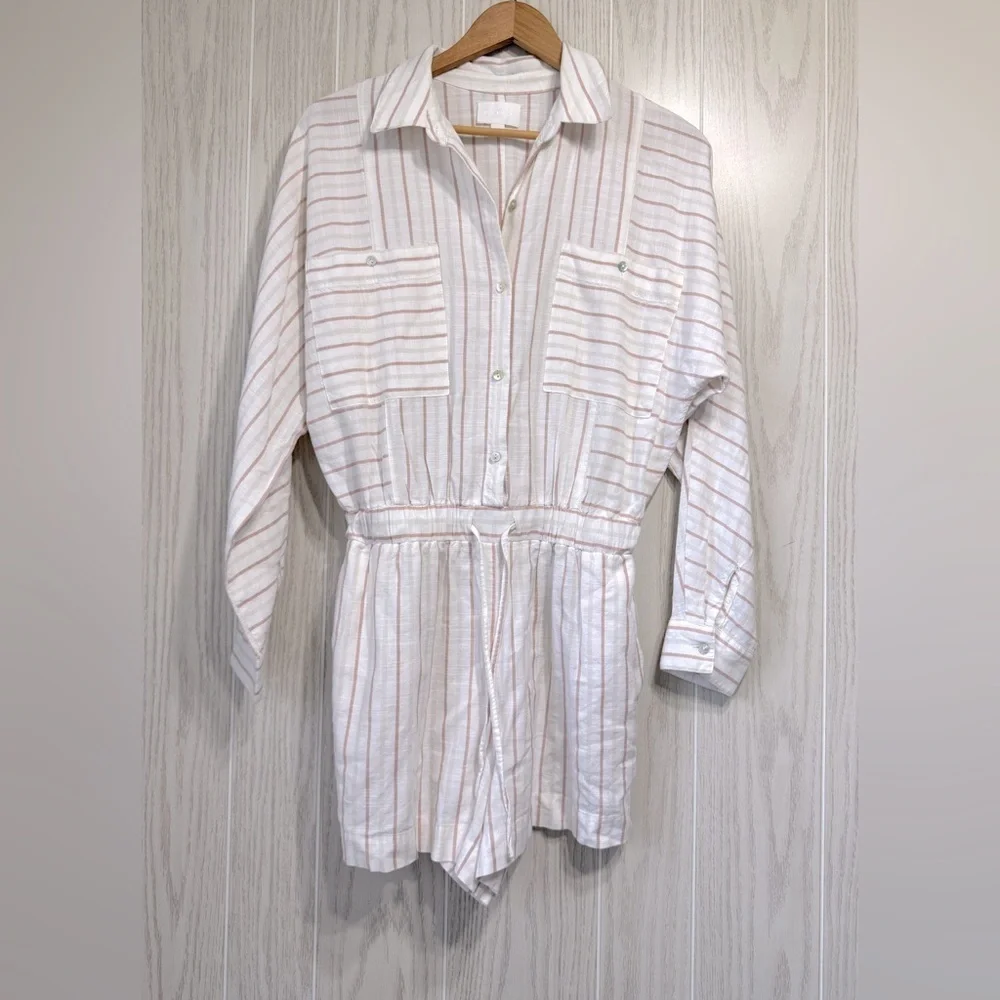 EVERY Button Long Sleeve White & Beige Stripe Romper Collar Waist Tie Size S